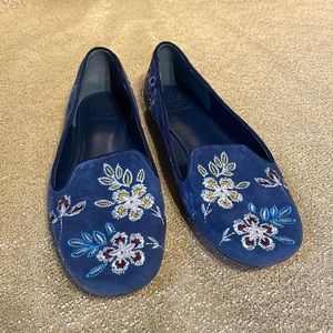 Blue suede embroidered floral Tory Burch flats